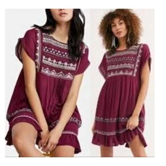 Free People Plum Purple Embroidered Sunrise Wanderer Mini Dress - Picture 1 of 13